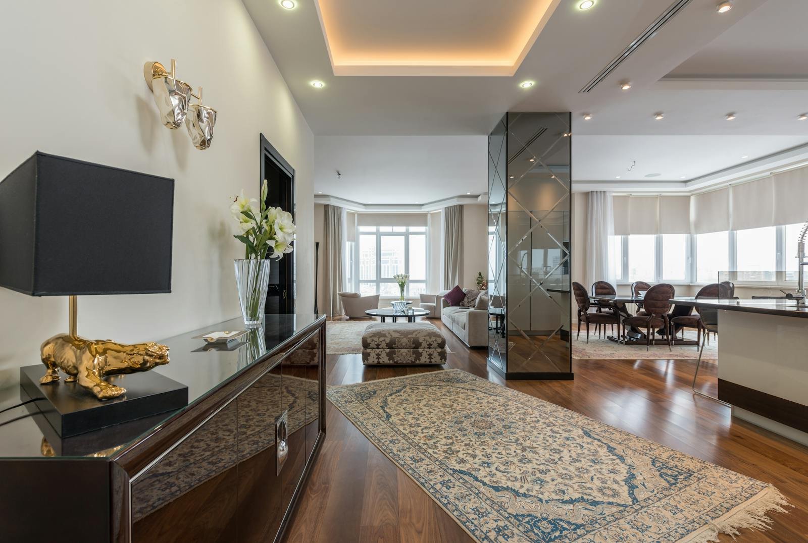 Elegant apartment living room with warm neutral finishes
